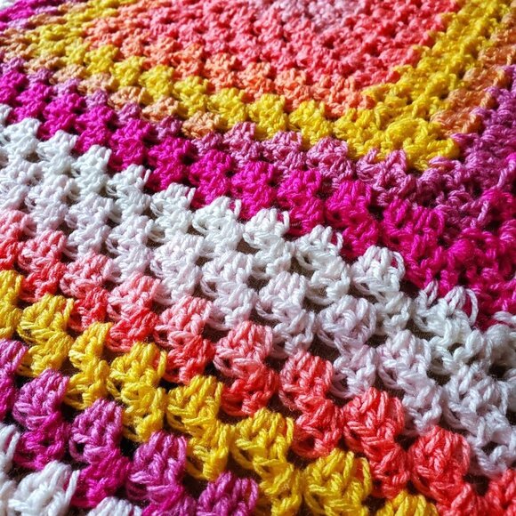 Crochet BABY BLANKET AFGHAN GRANNY SQUARE 29"x 29" PINK YELLOW ORANGE WHITE - Picture 7 of 9